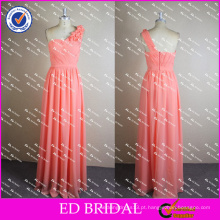 ED Bridal Pink Real Pictures Um Ombro Chiffon Flower Long Vestido de dama de honra 2017